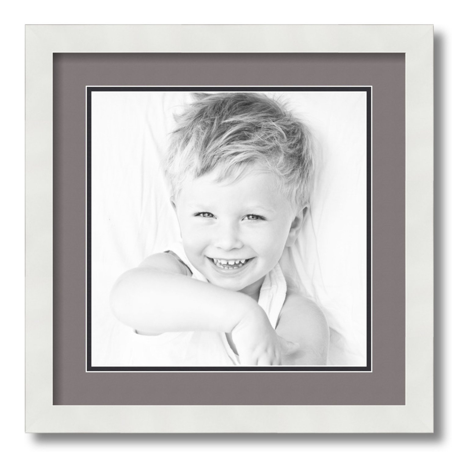 ArtToFrames 16x16 Matted Picture Frame with 12x12 Inch Double Mat Opening Framed in 1.25 Satin White Frame and 2 Pewter and Black Mats. by
