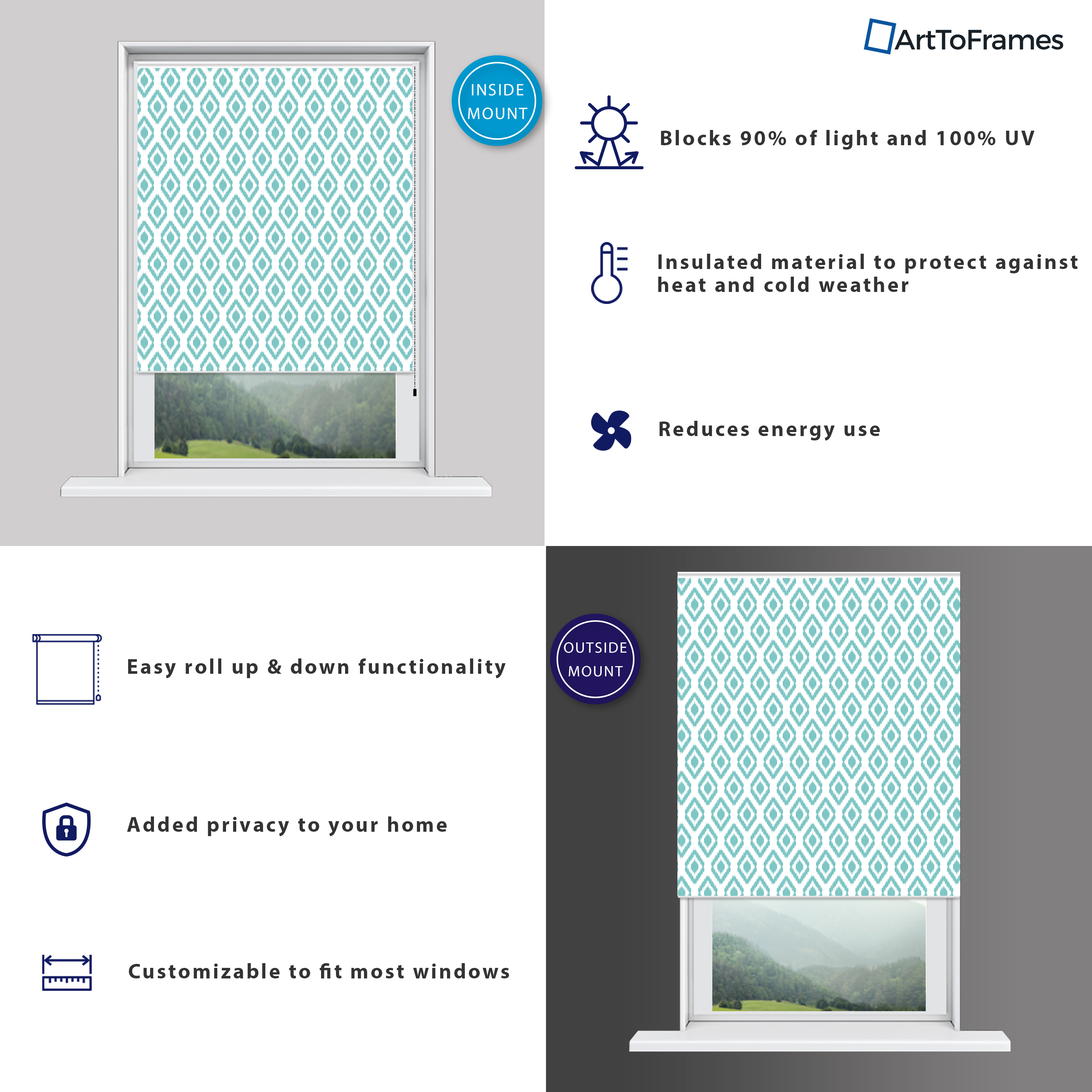 ArtToFrames Custom Window Shade - Blackout Ikat Light Blue Design Reversed Roll - Picture 14 of 888